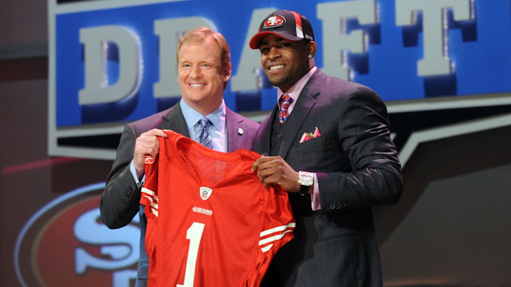 NFL commissioner Roger Goodell introduces wide receiver Michael Crabtree (Texas Tech) as the No. 10 overall pick to the San Francisco 49ers