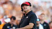 Sep 13, 2025; Knoxville, Tennessee, USA; Georgia Bulldogs head coach Kirby Smart looks on during overtime against the Tennessee Volunteers at Neyland Stadium.