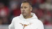 Texas Longhorns coach Steve Sarkisian looks on prior to a game against the Georgia Bulldogs at Sanford Stadium. 