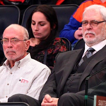 Mar 3, 2015; New York, NY, USA; New York Knicks president Phil Jackson watches during the second quarter against the Sacramento Kings at Madison Square Garden. Mandatory Credit: Brad Penner-Imagn Images