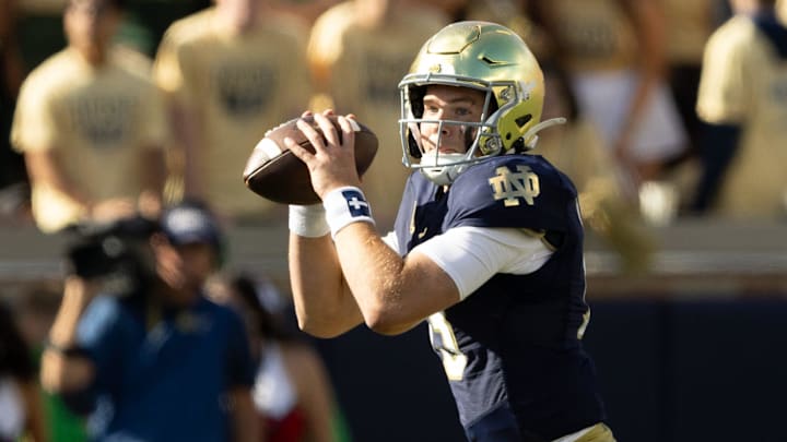 Notre Dame quarterback Riley Leonard looks for an open receiver during a NCAA college football game between Notre Dame and Northern Illinois at Notre Dame Stadium on Saturday, Sept. 7, 2024, in South Bend.