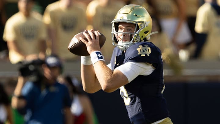 Notre Dame quarterback Riley Leonard looks for an open receiver during a NCAA college football game between Notre Dame and Northern Illinois at Notre Dame Stadium on Saturday, Sept. 7, 2024, in South Bend.