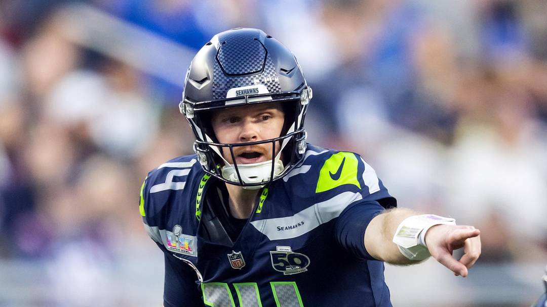 Seattle Seahawks quarterback Sam Darnold reacts against the New England Patriots