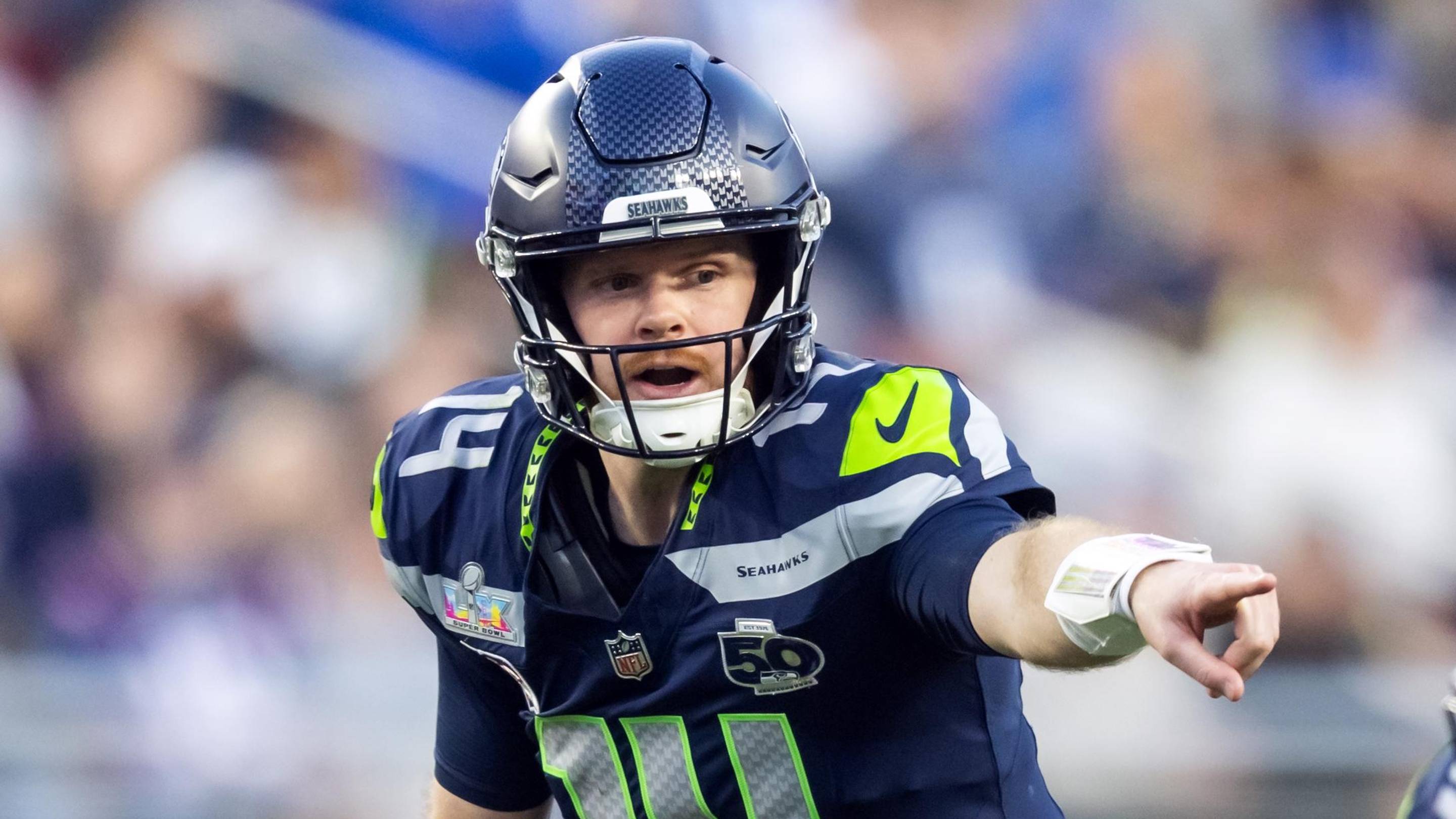 Feb 8, 2026; Santa Clara, CA, USA; Seattle Seahawks quarterback Sam Darnold (14) reacts against the New England Patriots during Super Bowl LX at Levi's Stadium. Mandatory Credit: Mark J. Rebilas-Imagn Images