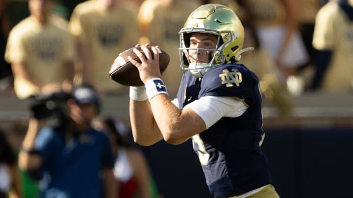 Notre Dame quarterback Riley Leonard looks for an open receiver during a NCAA college football game between Notre Dame and Northern Illinois at Notre Dame Stadium on Saturday, Sept. 7, 2024, in South Bend.