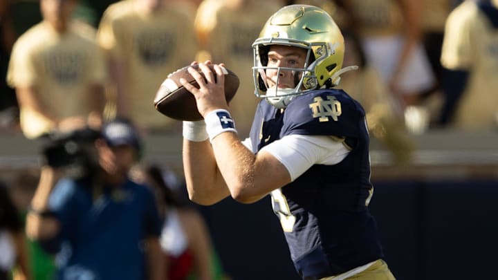 Notre Dame quarterback Riley Leonard looks for an open receiver during a NCAA college football game between Notre Dame and Northern Illinois at Notre Dame Stadium on Saturday, Sept. 7, 2024, in South Bend.