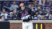 Apr 22, 2025; New York City, New York, USA;  New York Mets first baseman Pete Alonso (20) reacts after getting hit by a pitch in the fifth inning against the Philadelphia Phillies at Citi Field. Mandatory Credit: Wendell Cruz-Imagn Images