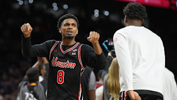 Mylik Wilson (8) celebrates after Houston's 70-67 win against Duke in the Final Four on April 5, 2025.