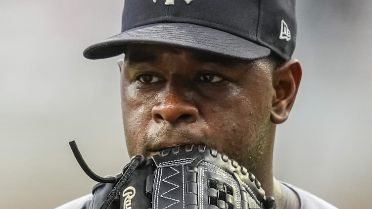 Aug 15, 2023; Cumberland, Georgia, USA; New York Yankees starting pitcher Luis Severino (40) leaves