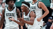 Michigan State guard Jeremy Fears Jr. (1) reacts after being called a personal foul during the second half against Duke at Breslin Center in East Lansing on Saturday, Dec. 6, 2025.