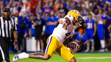 LSU Tigers wide receiver CJ Daniels (4) scores a touchdown but was called back due to a penalty during the second half at Ben Hill Griffin Stadium in Gainesville, FL on Saturday, November 16, 2024. The Gators defeated the Tigers 27-16. [Doug Engle/Gainesville Sun]