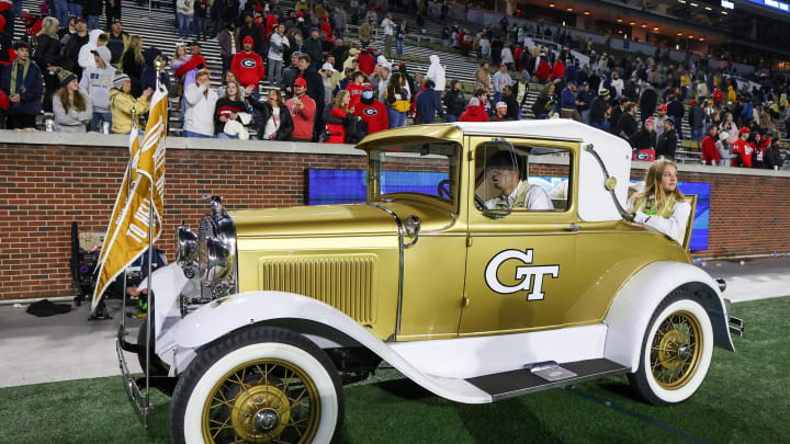 Nov 25, 2023; Atlanta, Georgia, USA; Georgia Tech Yellow Jackets Ramblin Wreck car on the field after a game against the Georgia Bulldogs at Bobby Dodd Stadium at Hyundai Field. Mandatory Credit: Brett Davis-USA TODAY Sports