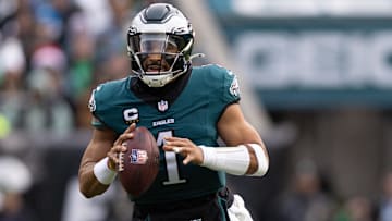 Philadelphia Eagles quarterback Jalen Hurts (1) in action against the Carolina Panthers during the second quarter at Lincoln Financial Field.