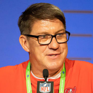 Mar 1, 2022; Indianapolis, IN, USA; Tampa Bay Buccaneers general manager Jason Licht talks to the media during the 2022 NFL Combine. Mandatory Credit: Trevor Ruszkowski-USA TODAY Sports
