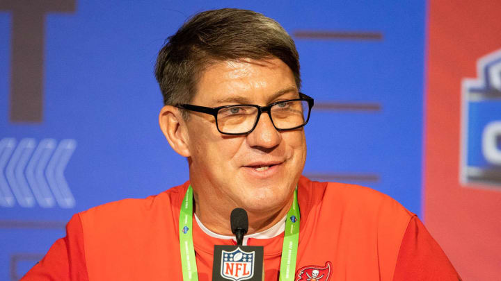 Mar 1, 2022; Indianapolis, IN, USA; Tampa Bay Buccaneers general manager Jason Licht talks to the media during the 2022 NFL Combine. Mandatory Credit: Trevor Ruszkowski-USA TODAY Sports Mar 1, 2022; Indianapolis, IN, USA; Tampa Bay Buccaneers general manager Jason Licht talks to the media during the 2022 NFL Combine. Mandatory Credit: Trevor Ruszkowski-USA TODAY Sports