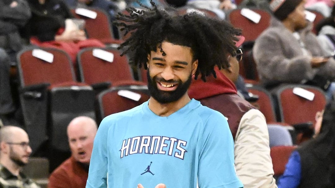 Feb 24, 2026; Chicago, Illinois, USA;  Charlotte Hornets guard Coby White (3) smiles as he warms up before a game against the Chicago Bulls at United Center. Mandatory Credit: Matt Marton-Imagn Images
