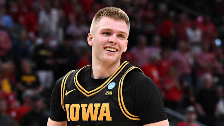 Mar 26, 2026; Houston, TX, USA;Iowa Hawkeyes guard Bennett Stirtz (14) reacts after beating the Nebraska Cornhuskers during a Sweet Sixteen game of the South Regional of the men's 2026 NCAA Tournament at Toyota Center. Mandatory Credit: Maria Lysaker-Imagn Images