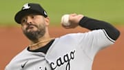 Chicago White Sox starting pitcher Martin Perez (54) throws against the Cleveland Guardians at Progressive Field. 