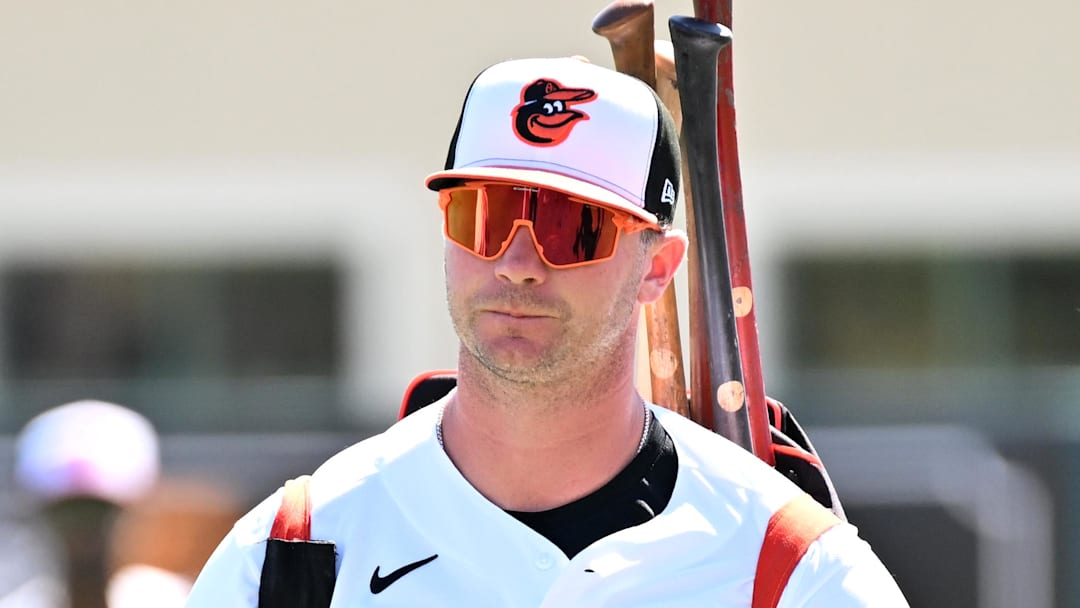 Feb 20, 2026; Sarasota, Florida, USA; Baltimore Orioles first baseman Pete Alonso (25) prepares to warm up  before the start of the spring training game against the New York Yankees at Ed Smith Stadium. Mandatory Credit: Jonathan Dyer-Imagn Images