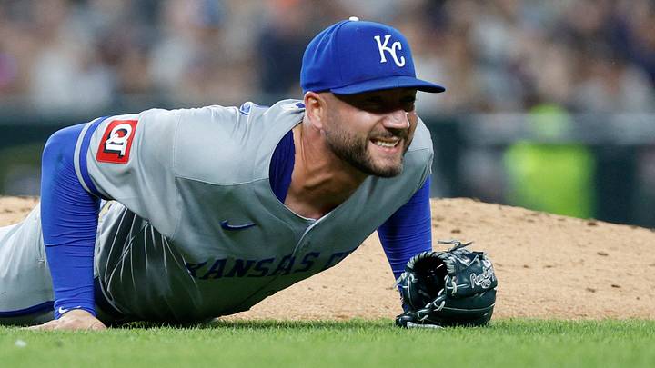 Kansas City Royals pitcher Lucas Erceg (60) reacts after being hit by a ball hit by Detroit Tigers outfielder Riley Greene (not pictured) for a single during the seventh inning at Comerica Park. Mandatory Credit: Brian Bradshaw Sevald-Imagn Images
