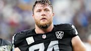 Jan 5, 2025; Paradise, Nevada, USA; Las Vegas Raiders offensive tackle Kolton Miller (74) reacts after the Raiders were defeated by the Los Angeles Chargers 34-20 at Allegiant Stadium. Mandatory Credit: Stephen R. Sylvanie-Imagn Images