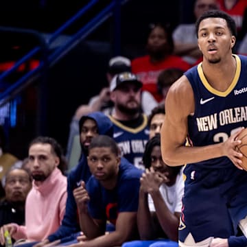 Apr 3, 2024; New Orleans, Louisiana, USA;  New Orleans Pelicans guard Trey Murphy III (25) looks to pass against the Orlando Magic during the first half at Smoothie King Center.