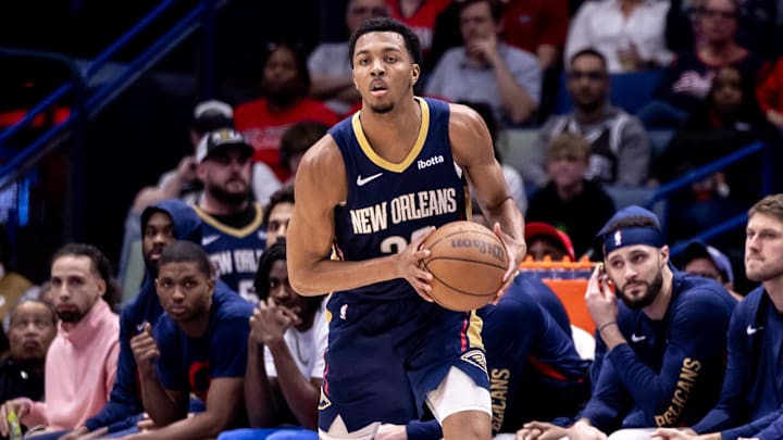 Apr 3, 2024; New Orleans, Louisiana, USA;  New Orleans Pelicans guard Trey Murphy III (25) looks to pass against the Orlando Magic during the first half at Smoothie King Center.