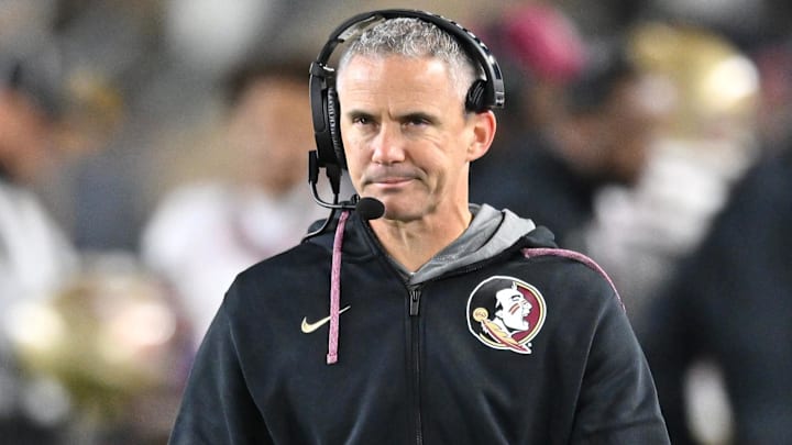 Nov 9, 2024; South Bend, Indiana, USA; Florida State Seminoles head coach Mike Norvell watches in the third quarter against the Notre Dame Fighting Irish at Notre Dame Stadium. Mandatory Credit: Matt Cashore-Imagn Images