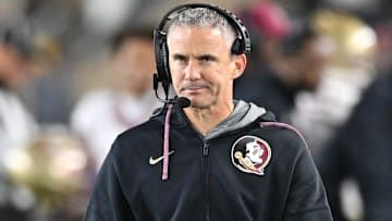 Nov 9, 2024; South Bend, Indiana, USA; Florida State Seminoles head coach Mike Norvell watches in the third quarter against the Notre Dame Fighting Irish at Notre Dame Stadium. Mandatory Credit: Matt Cashore-Imagn Images