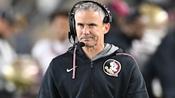 Nov 9, 2024; South Bend, Indiana, USA; Florida State Seminoles head coach Mike Norvell watches in the third quarter against the Notre Dame Fighting Irish at Notre Dame Stadium. Mandatory Credit: Matt Cashore-Imagn Images