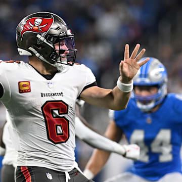 Sep 15, 2024; Detroit, Michigan, USA; Tampa Bay Buccaneers quarterback Baker Mayfield (6) throws a pass against the Detroit Lions in the fourth quarter at Ford Field. Mandatory Credit: Lon Horwedel-Imagn Images