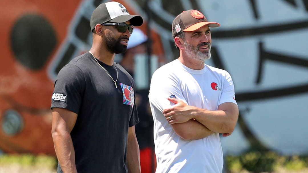 Cleveland Browns general manager Andrew Berry, left, and head coach Kevin Stefanski watch practice during minicamp.
