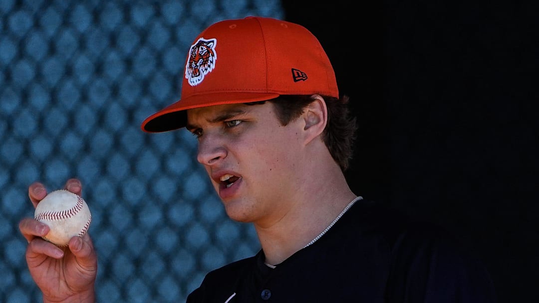 Detroit Tigers pitcher Jackson Jobe throws a pitch during spring training at TigerTown in Lakeland, Fla. on Monday, Feb. 17, 2025.