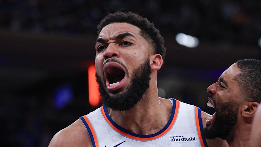 New York Knicks center Karl-Anthony Towns reacts during the fourth quarter of the 2026 NBA Playoffs.