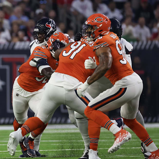 Houston Texans quarterback C.J. Stroud (7) passes against the Chicago Bears in the first quarter at NRG Stadium. 