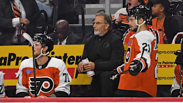 Oct 27, 2024; Philadelphia, Pennsylvania, USA; Philadelphia Flyers head coach John Tortorella on the bench against the Montreal Canadiens during the second period at Wells Fargo Center. Mandatory Credit: Eric Hartline-Imagn Images