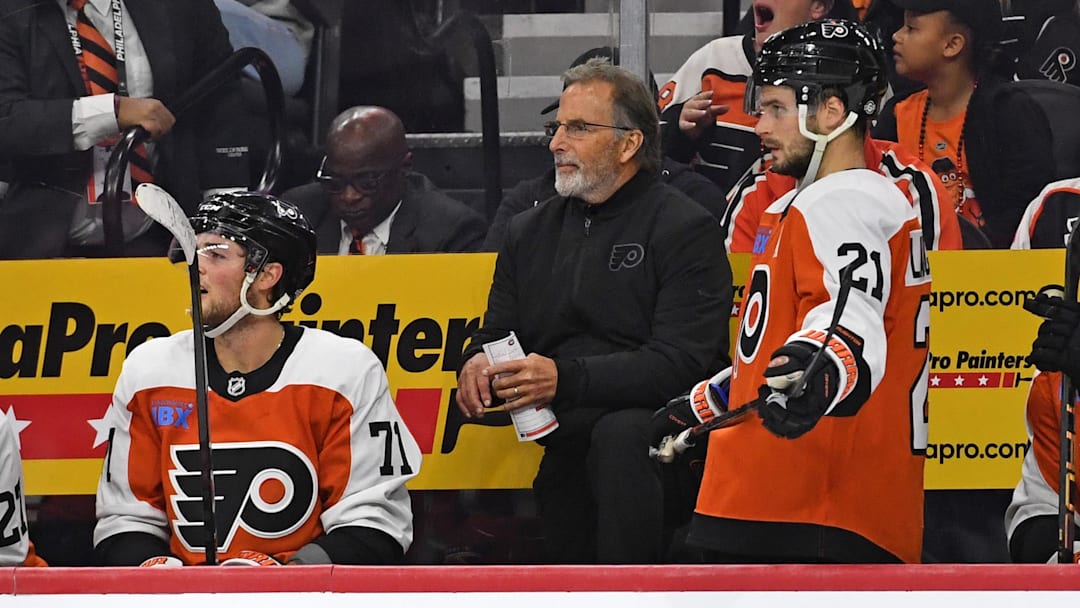 Oct 27, 2024; Philadelphia, Pennsylvania, USA; Philadelphia Flyers head coach John Tortorella on the bench against the Montreal Canadiens during the second period at Wells Fargo Center. Mandatory Credit: Eric Hartline-Imagn Images