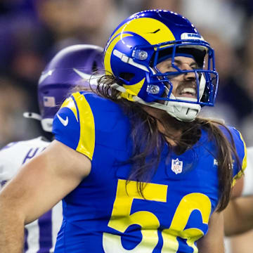 Jan 13, 2025; Glendale, AZ, USA; Los Angeles Rams linebacker Christian Rozeboom (56) celebrates against the Minnesota Vikings during an NFC wild card game at State Farm Stadium. Mandatory Credit: Mark J. Rebilas-Imagn Images