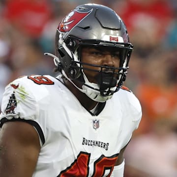 Aug 13, 2022; Tampa, Florida, USA; Tampa Bay Buccaneers linebacker Cam Gill (49) celebrates after he sacked Miami Dolphins quarterback Skylar Thompson (19)(not pictured) during the first quarter at Raymond James Stadium. Mandatory Credit: Kim Klement-Imagn Images