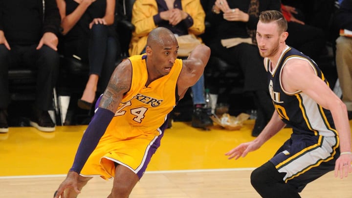 April 13, 2016; Los Angeles, CA, USA; Los Angeles Lakers  forward Kobe Bryant (24) moves the ball against Utah Jazz  forward Gordon Hayward (20) during the second half at Staples Center. Mandatory Credit: Gary A. Vasquez-USA TODAY Sports