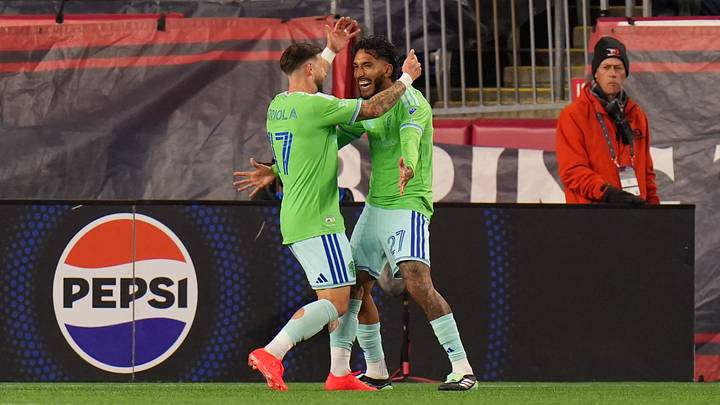 Oct 10, 2026; Foxborough, Massachusetts, USA; Seattle Sounders FC midfielder Paul Arriola (17) is congratulated after scoring against New England Revolution in the second half at Gillette Stadium. Mandatory Credit: David Butler II-Imagn Images