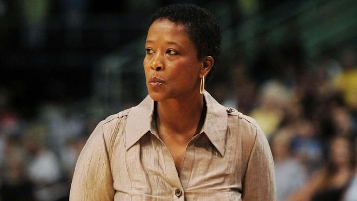 June 4, 2010; Phoenix, AZ, USA; Los Angeles Sparks head coach Jennifer Gillom reacts from the bench during the first half at US Airways Center against the Phoenix Mercury.  The Mercury defeated the Sparks 90-89.  Mandatory Credit: Jennifer Stewart-Imagn Images