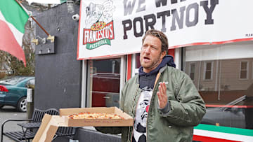 Barstool Sports founder and pizza influencer Dave Portnoy went on a four-shop tour of RI pizza places Thursday and stopped at Francesco's on Hope St. after owner Frank Schiavone got Portnoy's attention with some confident signage.