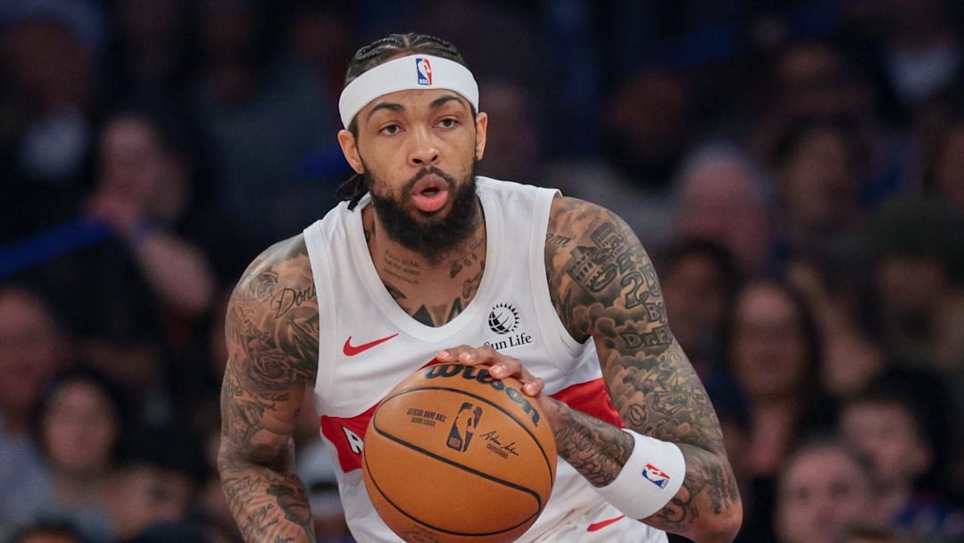 Apr 10, 2026; New York, New York, USA; Toronto Raptors forward Brandon Ingram (3) dribbles up court during the first half against the New York Knicks at Madison Square Garden. Mandatory Credit: Vincent Carchietta-Imagn Images 