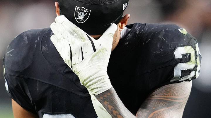 Nov 2, 2025; Paradise, Nevada, USA; Las Vegas Raiders safety Isaiah Pola-Mao (20) reacts after the loss against the Jacksonville Jaguars at Allegiant Stadium. Mandatory Credit: Stephen R. Sylvanie-Imagn Images