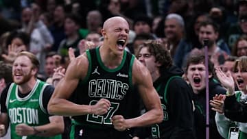 Nov 26, 2025; Boston, Massachusetts, USA; Boston Celtics guard Jordan Walsh (27) and Detroit Pistons guard Cade Cunningham (2) react after an out of bound ball called in the Celtics favor in the last seconds of the fourth quarter at TD Garden. Mandatory Credit: David Butler II-Imagn Images