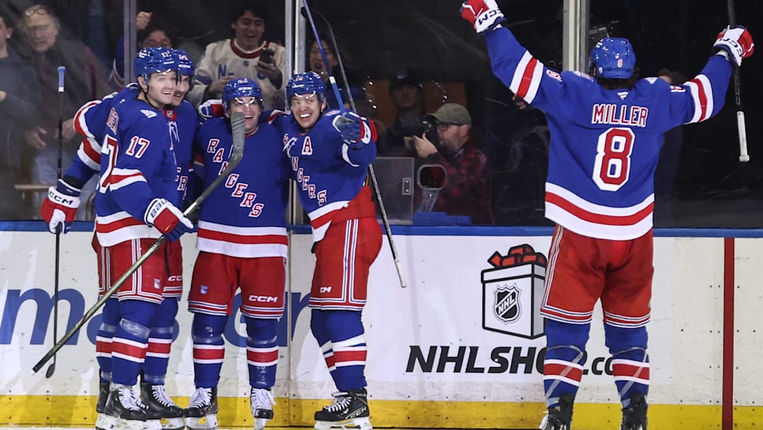 Dec 6, 2025; New York, New York, USA; New York Rangers left wing Conor Sheary (43) celebrates after scoring a goal in the third period at Madison Square Garden. Mandatory Credit: Wendell Cruz-Imagn Images Dec 6, 2025; New York, New York, USA; New York Rangers left wing Conor Sheary (43) celebrates after scoring a goal in the third period at Madison Square Garden. Mandatory Credit: Wendell Cruz-Imagn Images