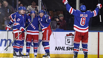 Dec 6, 2025; New York, New York, USA;  New York Rangers left wing Conor Sheary (43) celebrates after scoring a goal in the third period at Madison Square Garden. Mandatory Credit: Wendell Cruz-Imagn Images