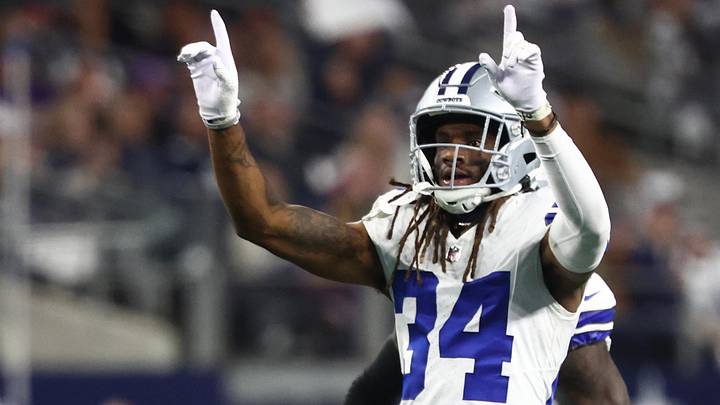Dec 14, 2025; Arlington, Texas, USA; Dallas Cowboys cornerback Shavon Revel Jr. (34) celebrates after a play during the first half against the Minnesota Vikings at AT&T Stadium.