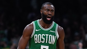May 7, 2025; Boston, Massachusetts, USA; Boston Celtics guard Jaylen Brown (7) react after a play against the New York Knicks in the second quarter during game two of the second round for the 2025 NBA Playoffs at TD Garden. Mandatory Credit: David Butler II-Imagn Images
